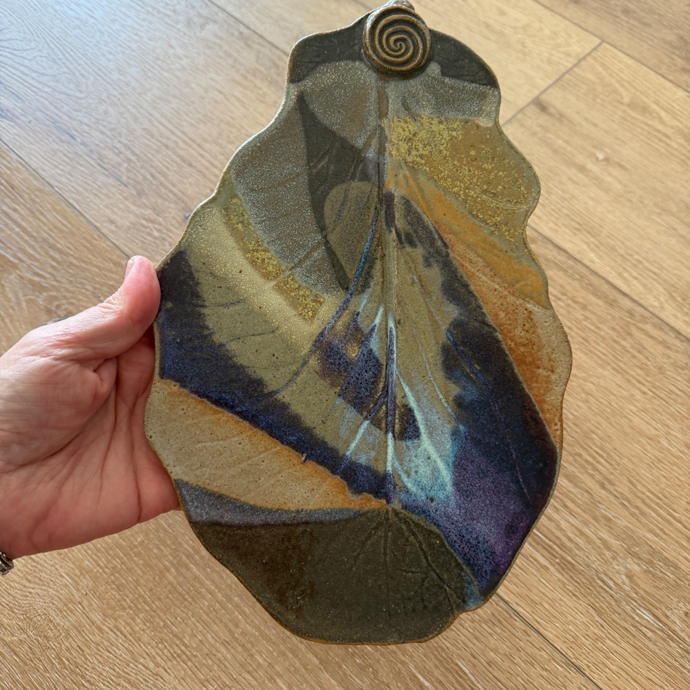 Mikkelson Pottery Studio Art Ceramic Leaf Platter Glazed Stoneware Tray Purple